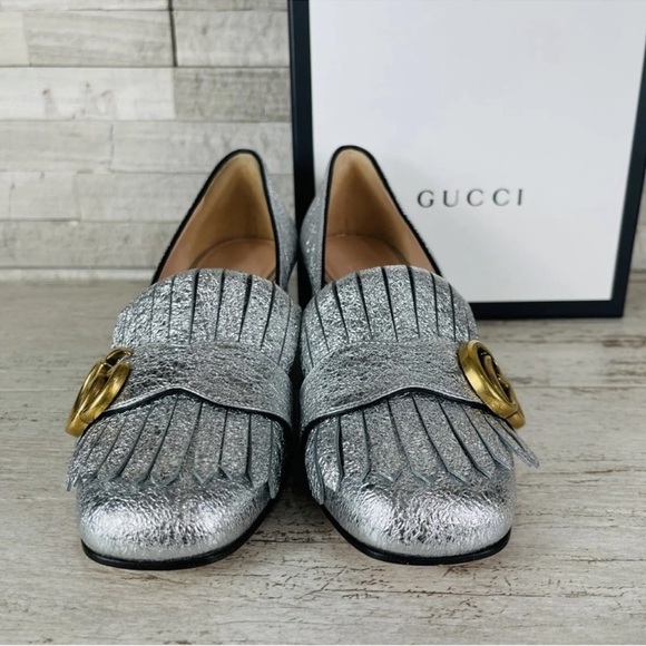 Gucci NEW Size 34 Metallic Silver Marmont GG Fringe Mid Heel Loafer Shoe Pump - Picture 7 of 14